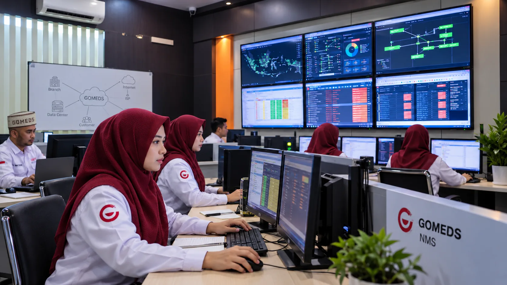 Visual tim pusat pemantauan jaringan GOMEDS; operator di kiri mengenakan peci GOMEDS